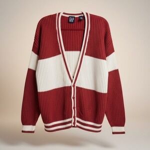 Vintage Gap 90s Colorblock Cardigan Red Cream Chunky Knit Varsity Sweater L